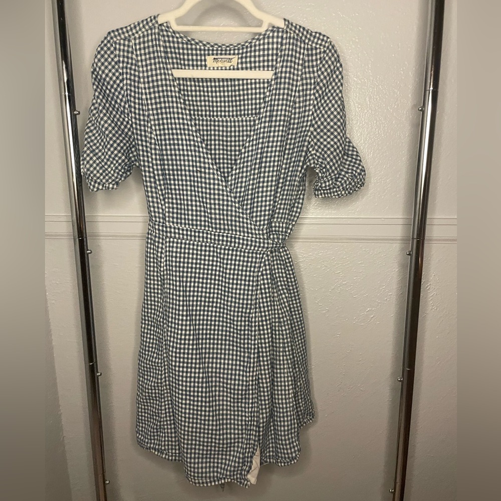 Madewell Wrap Dress Blue Checkered Pattern